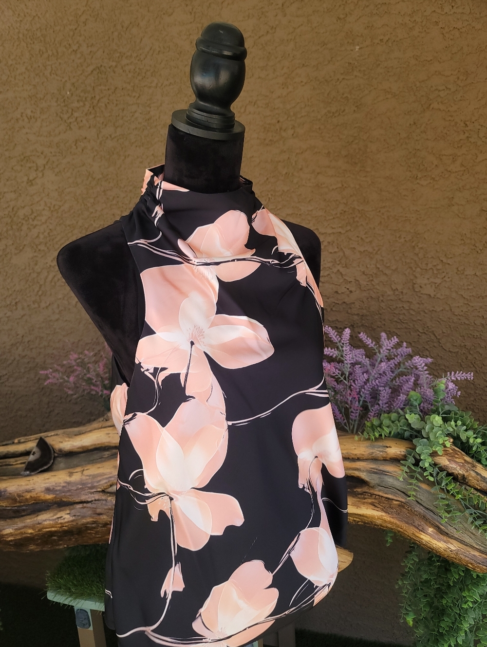 Donna KARAN New York Black Halter Blouse with Peach Floral Print - Picture 2 of 16